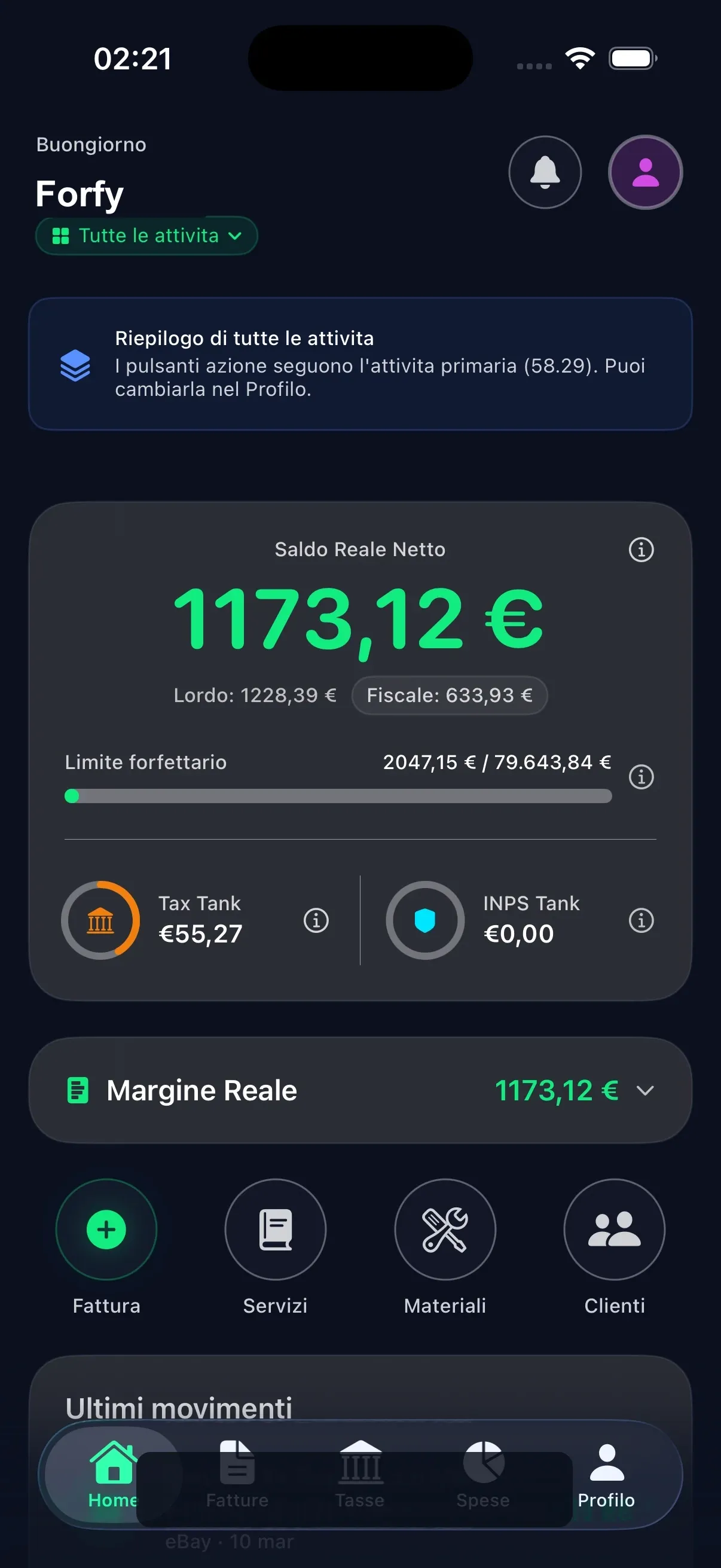 Screenshot Forfy della dashboard fiscale con saldo reale netto e accantonamenti