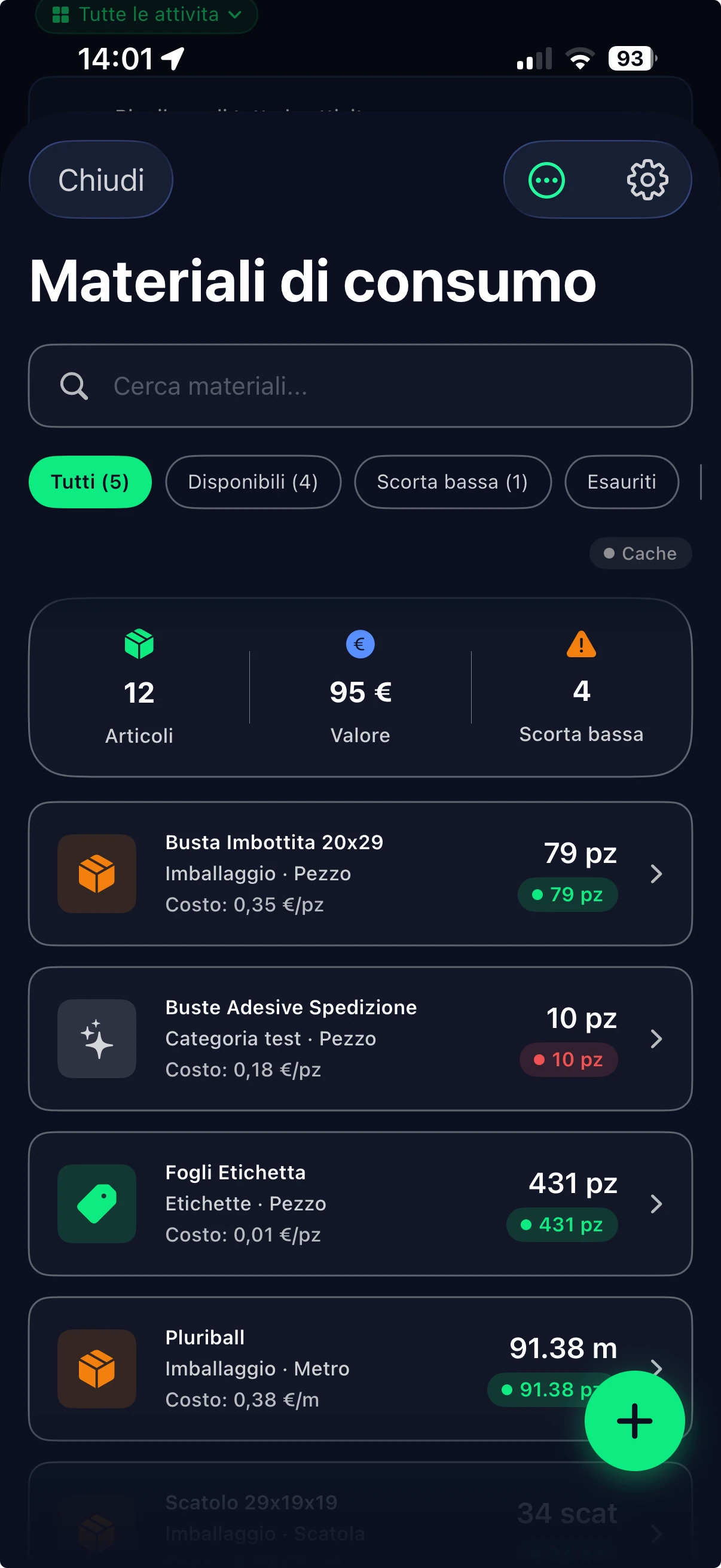 Screenshot Forfy del magazzino materiali e consumabili