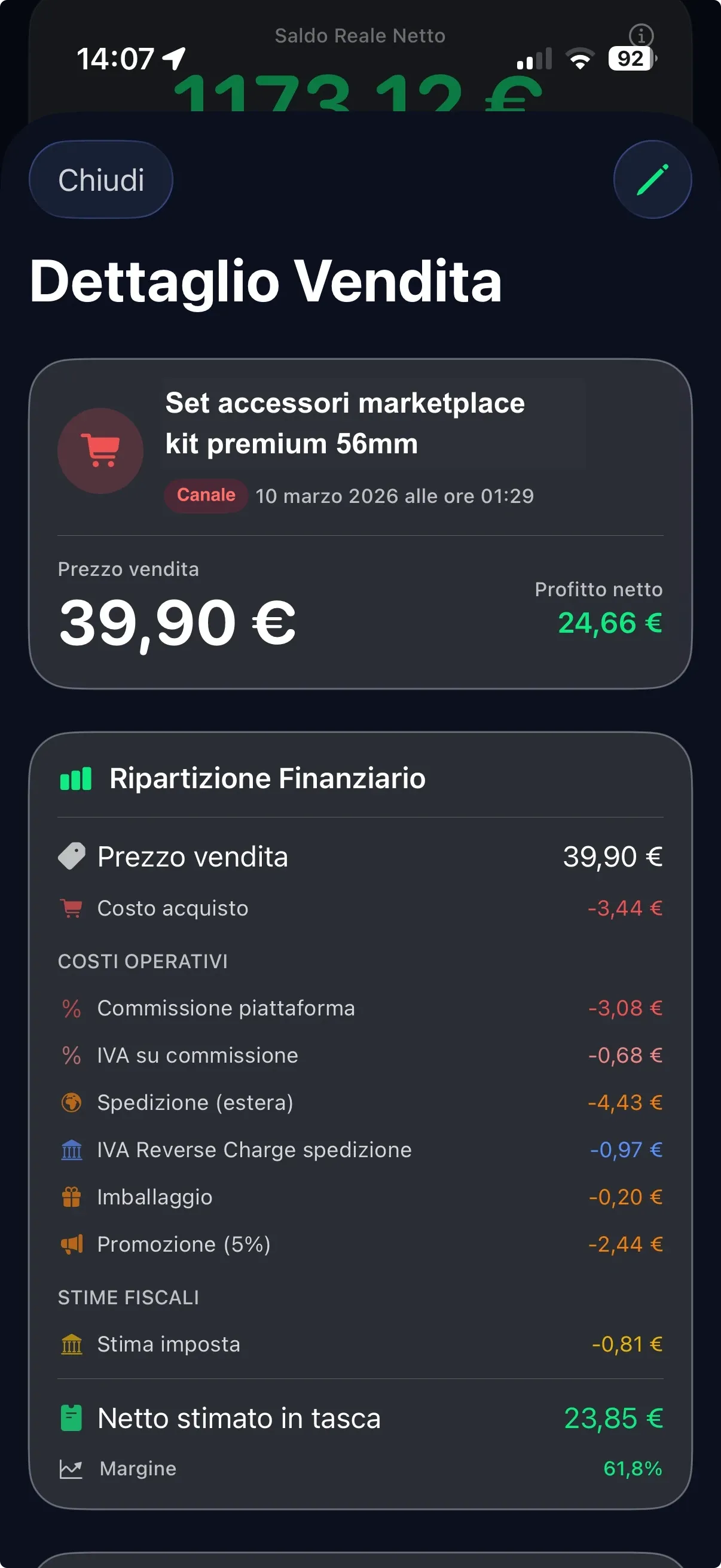 Screenshot Forfy del dettaglio vendita con ripartizione finanziaria