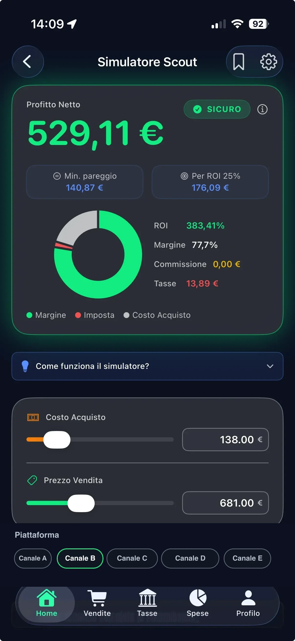 Screenshot Forfy del simulatore Scout con margine e ROI