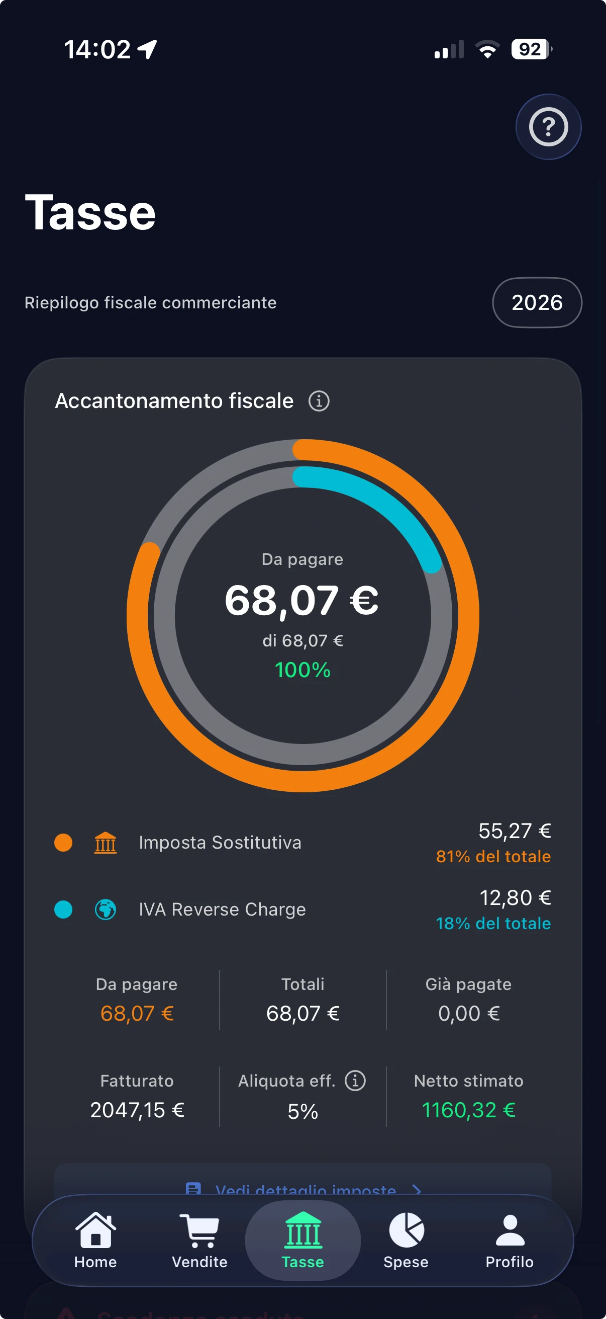 Screenshot Forfy del riepilogo tasse e accantonamento fiscale